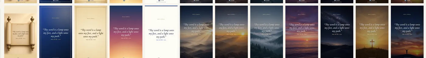 Thirteen share card designs, from parchment to sunrise landscapes and silhouettes